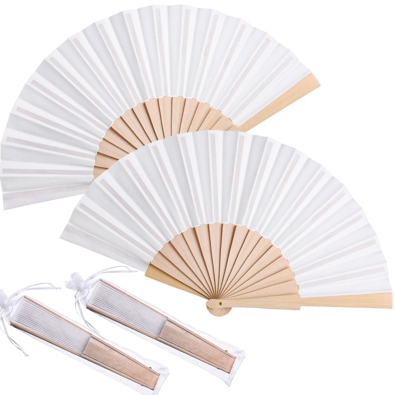 Chuangdi 2 Pieces Folding Hand Fans for Line Dancing Manual Clapping Wooden Wedding Fans Handheld for Women with Drawstring Organza Bags Back to School Gift Party Supply(White,2 Pcs) - Image 1
